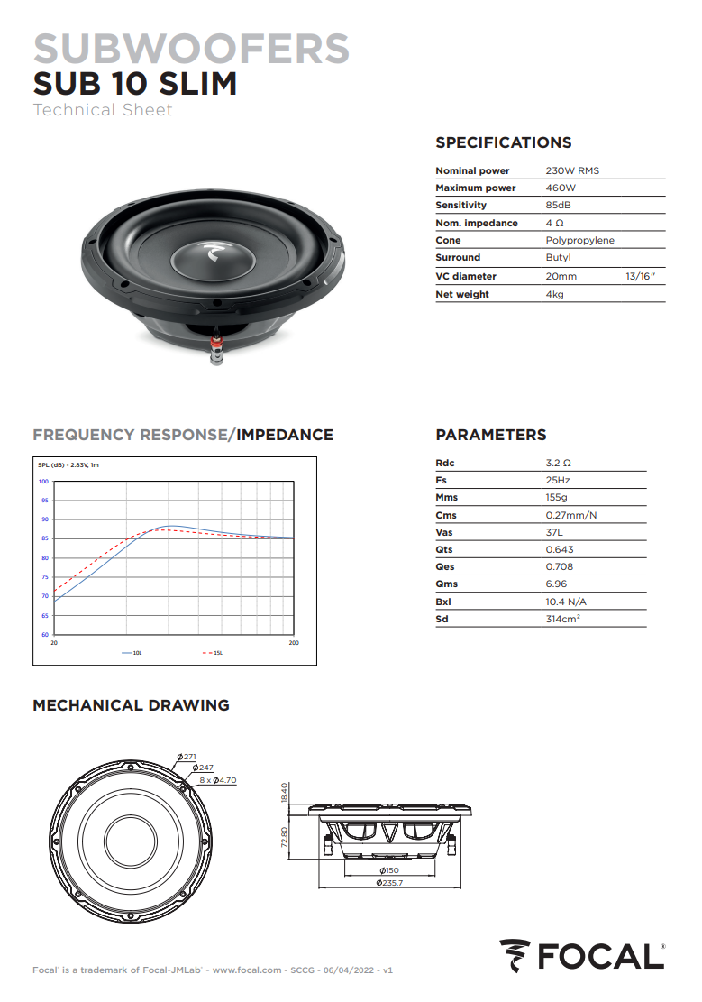 Focal SUB 10 SLIM – 10" Shallow-Mount Subwoofer