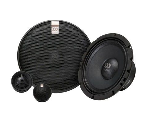 A set of Morel Maximo Ultra 602 HE MKII 2-Way Component Speakers, consisting of a large woofer, a mid-range driver, and a high-frequency tweeter, all in black color.